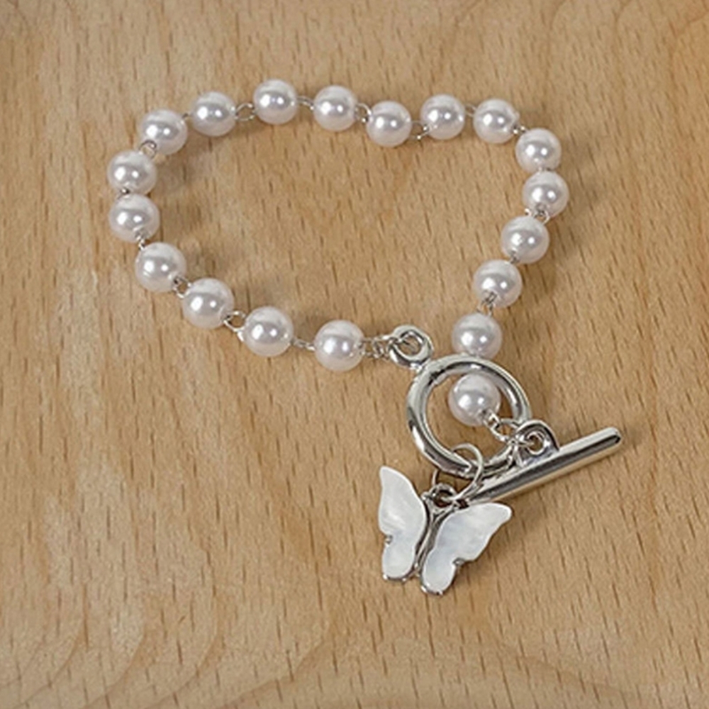 Elegant Pearl Bead Bracelet with Butterfly Charm